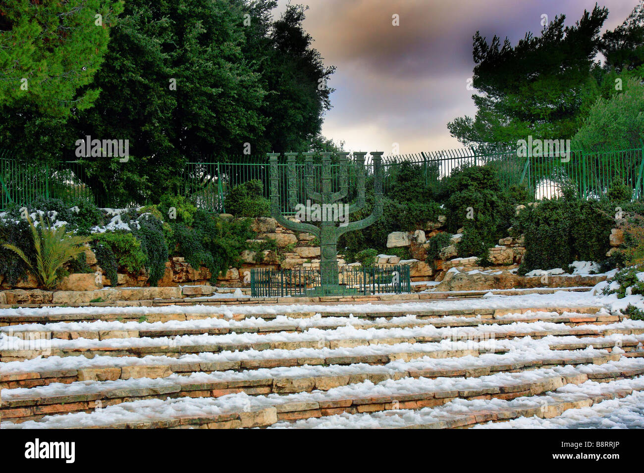 Israel Jerusalem The menorah at the entrance to the knesset the Israeli parliament covered in snow January 2008 Stock Photo