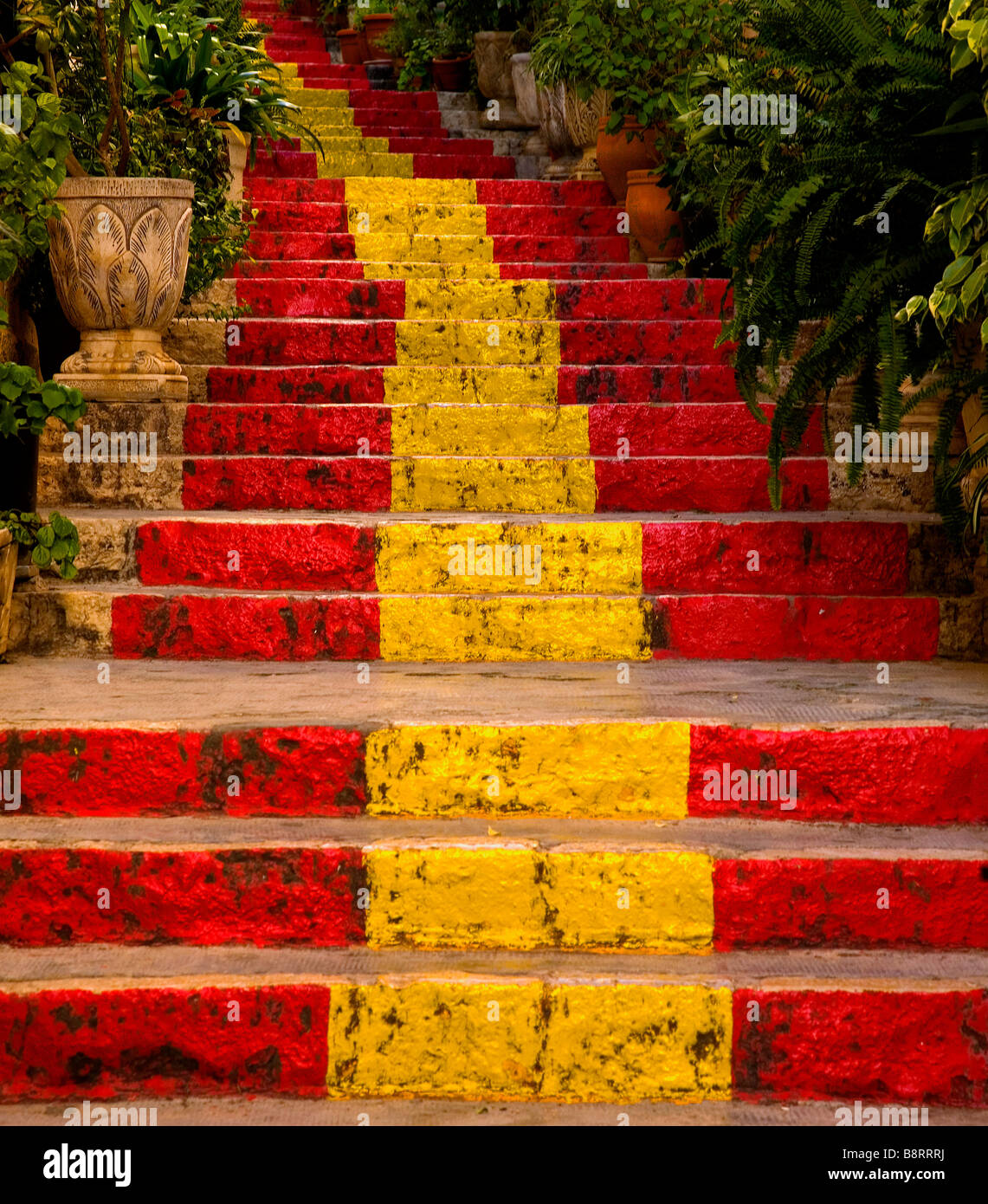 A pedestrian walkway that is adorned to show Spanish national colours. Stock Photo