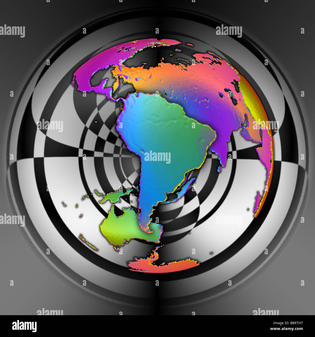 Colorful abstract version of globe centered on the continent of South America Stock Photo