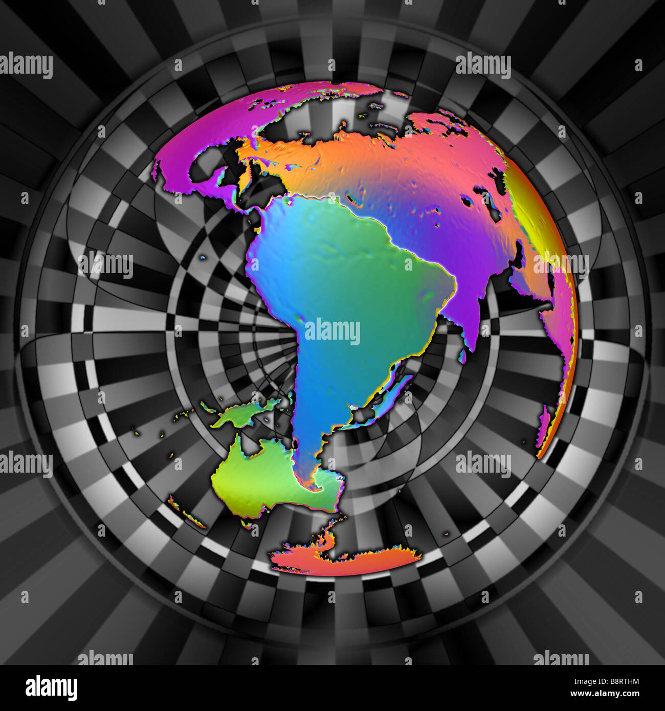Colorful abstract version of globe centered on the continent of South America Stock Photo