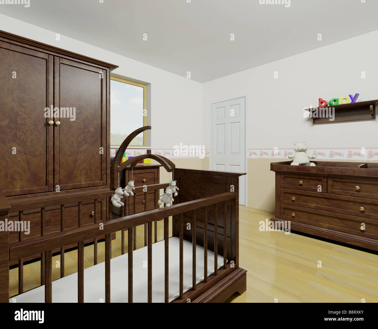 Nursery interior with wooden furniture Stock Photo Alamy