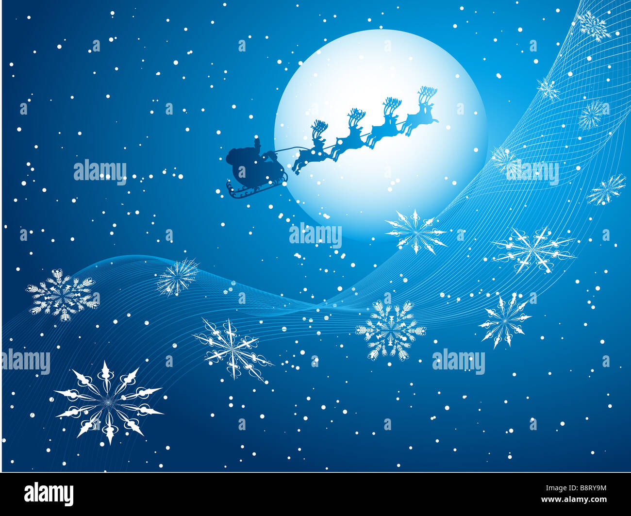 Silhouette of santa flying through a night sky Stock Photo