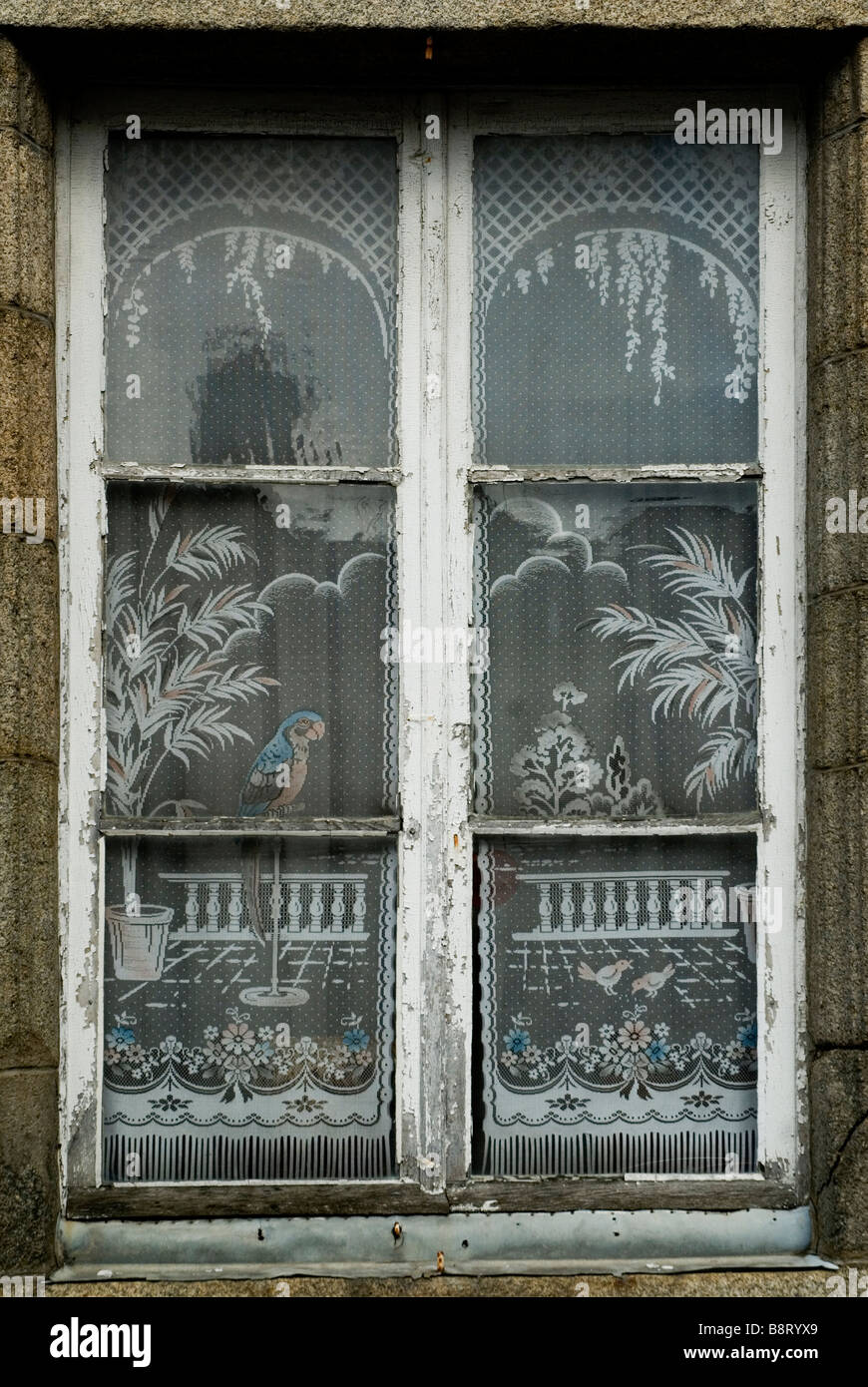 Old lace drapes in Mayenne , France Stock Photo