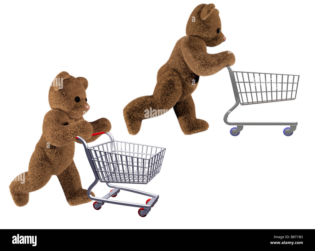 Isolated illustration of teddy bears pushing shopping carts Stock Photo