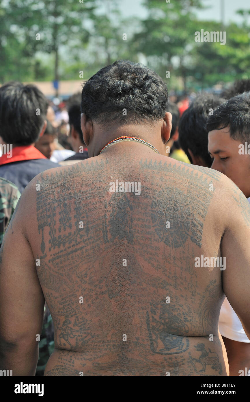 Tattoo festival at Wat Bang Phra temple, Nakhon Chai Si, Thailand. Stock Photo