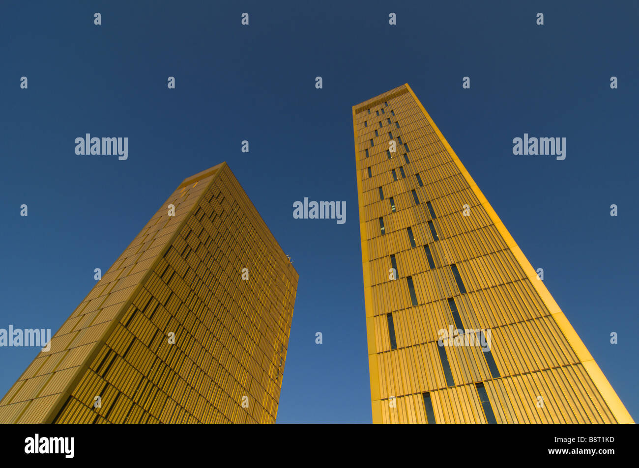 twin towers, modern highrise building with brass cladding, Luxembourg