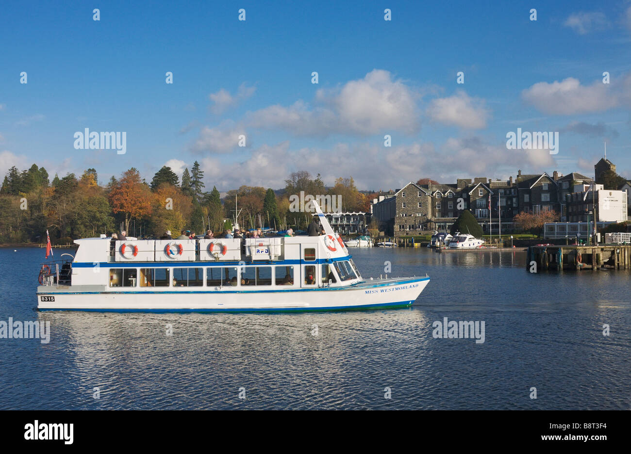Pleasure boat on Windermere lake approaching Bowness Lake District