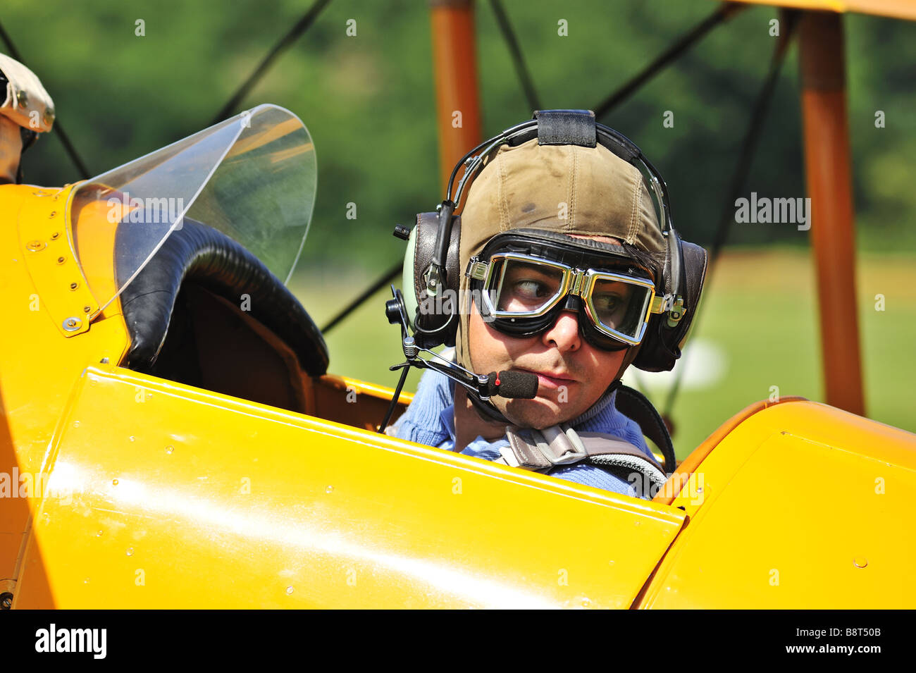 Biplane pilot checks before takeoff Stock Photo