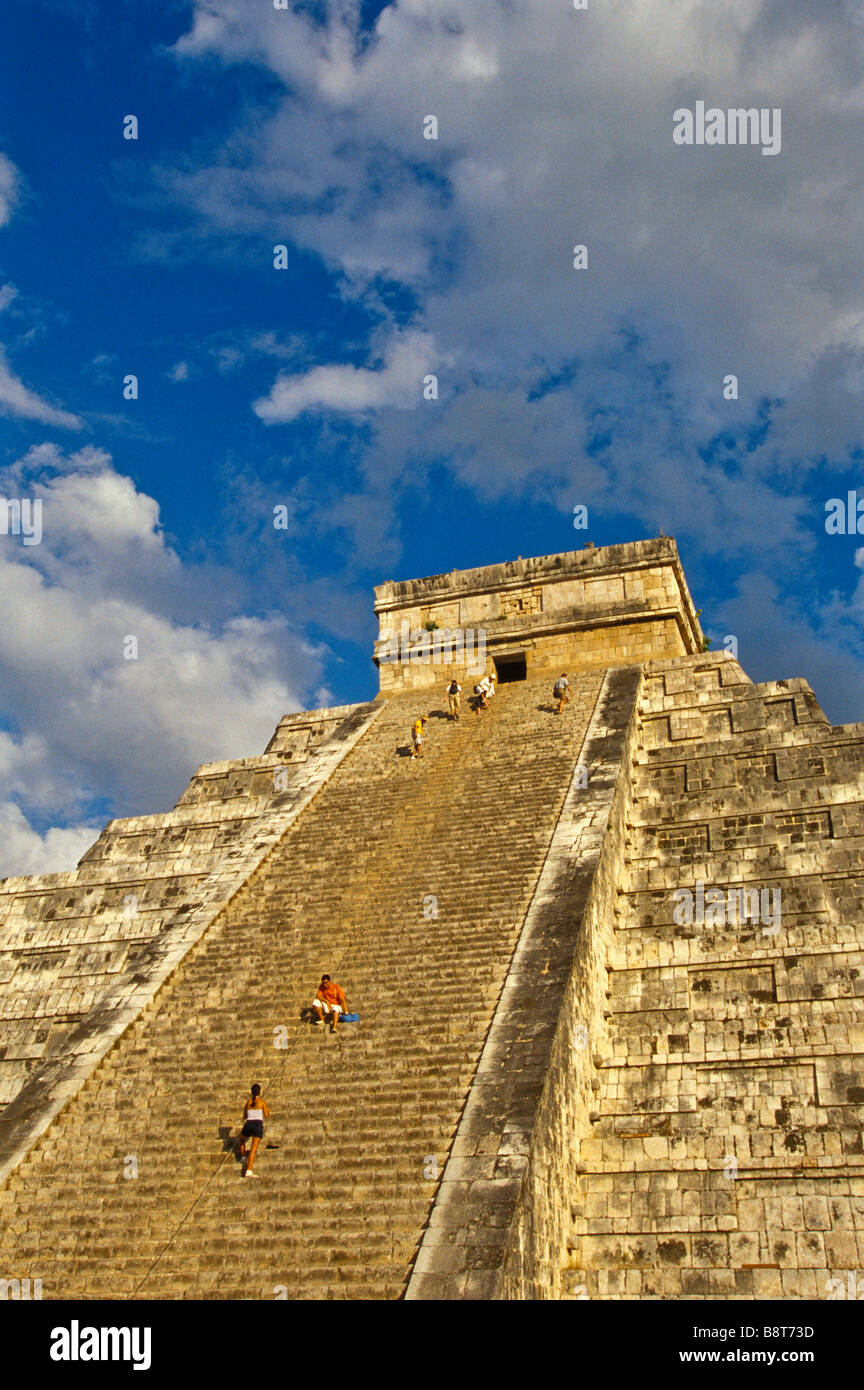 Chichen Itza Tourists climbing maya pyramid El Castillo The Castle Maya
