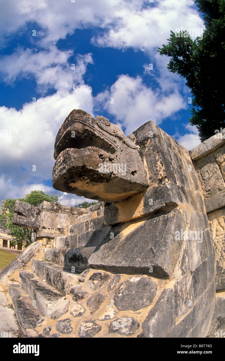 Stone serpent head closeup portrait at Chichen Itza Maya ruins Quetzalcoatal Kukulkan mayan ruins yucatan mexico mx Stock Photo