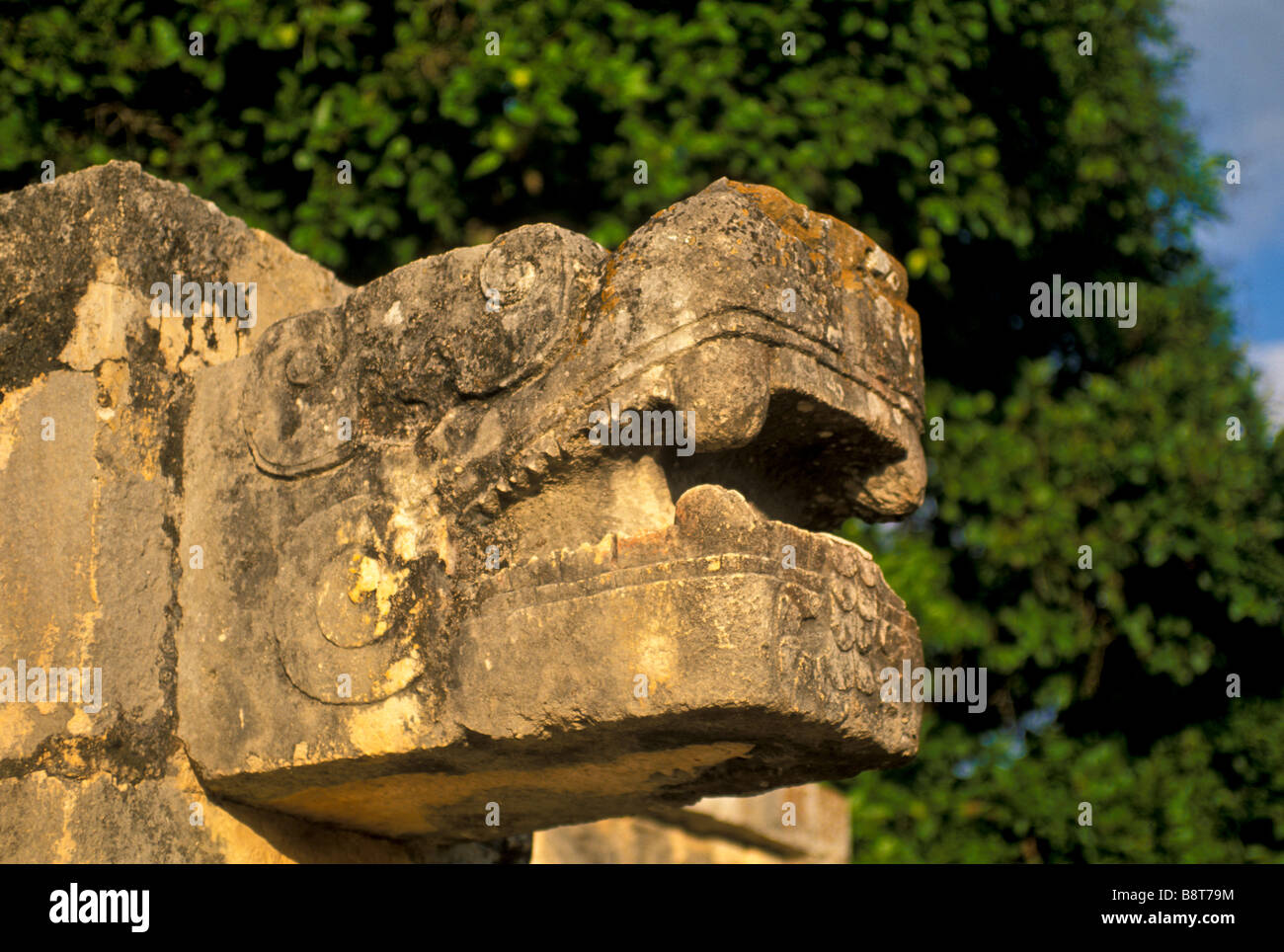 Stone serpent head closeup portrait at Chichen Itza Maya ruins Quetzalcoatal Kukulkan mayan ruins yucatan mexico mx Stock Photo