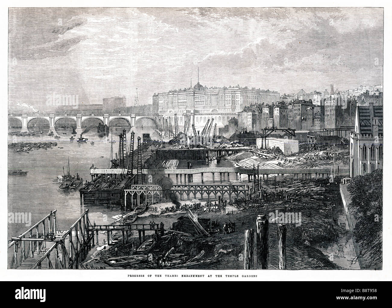 Building The Thames Embankment Temple 1865 engraving of the works of Joseph Bazalgette Waterloo Bridge beyond Stock Photo