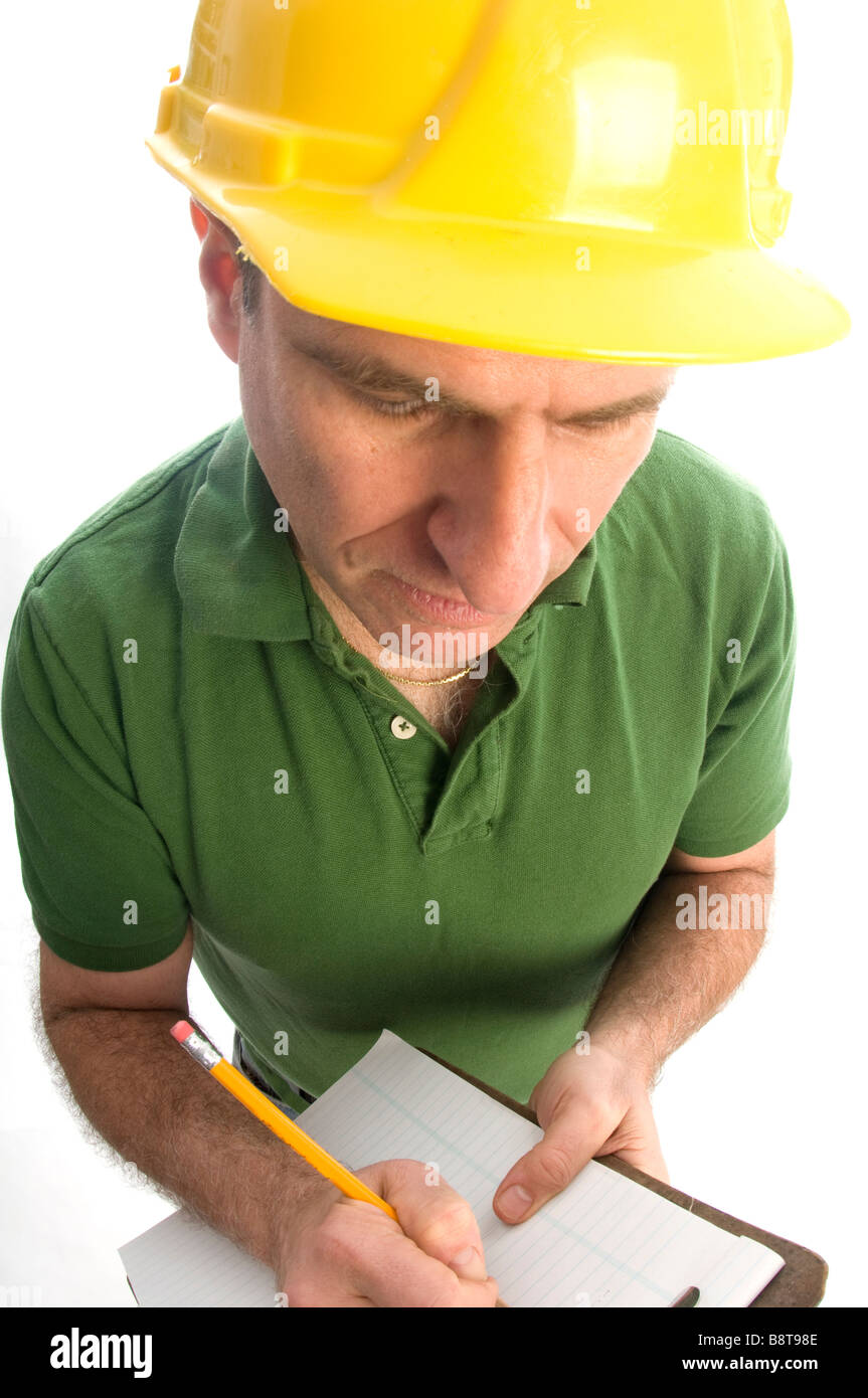 contractor handyman repair man smiling writing an estimate of price