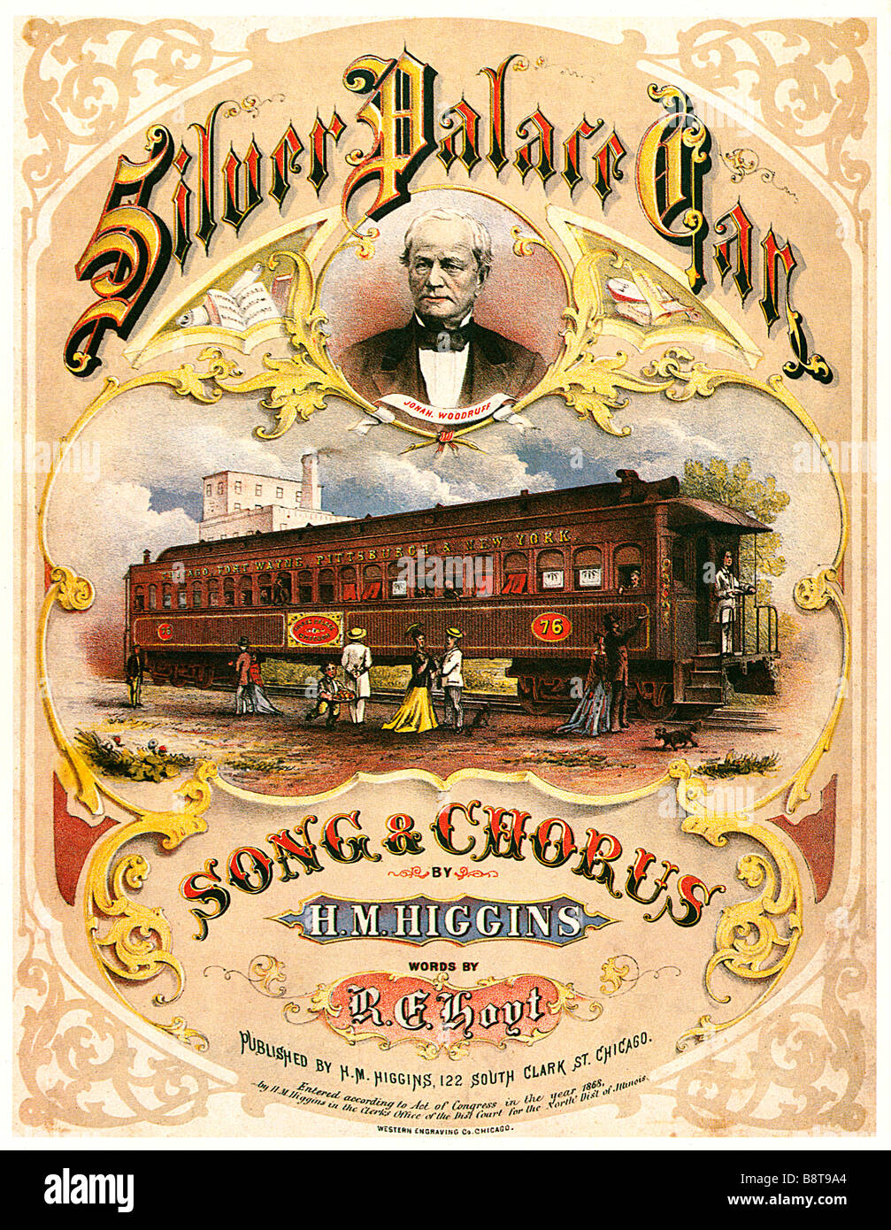 The Silver Palace Car 1868 music sheet cover celebrating the railway sleeping cars built by Jonah Woodruff Stock Photo