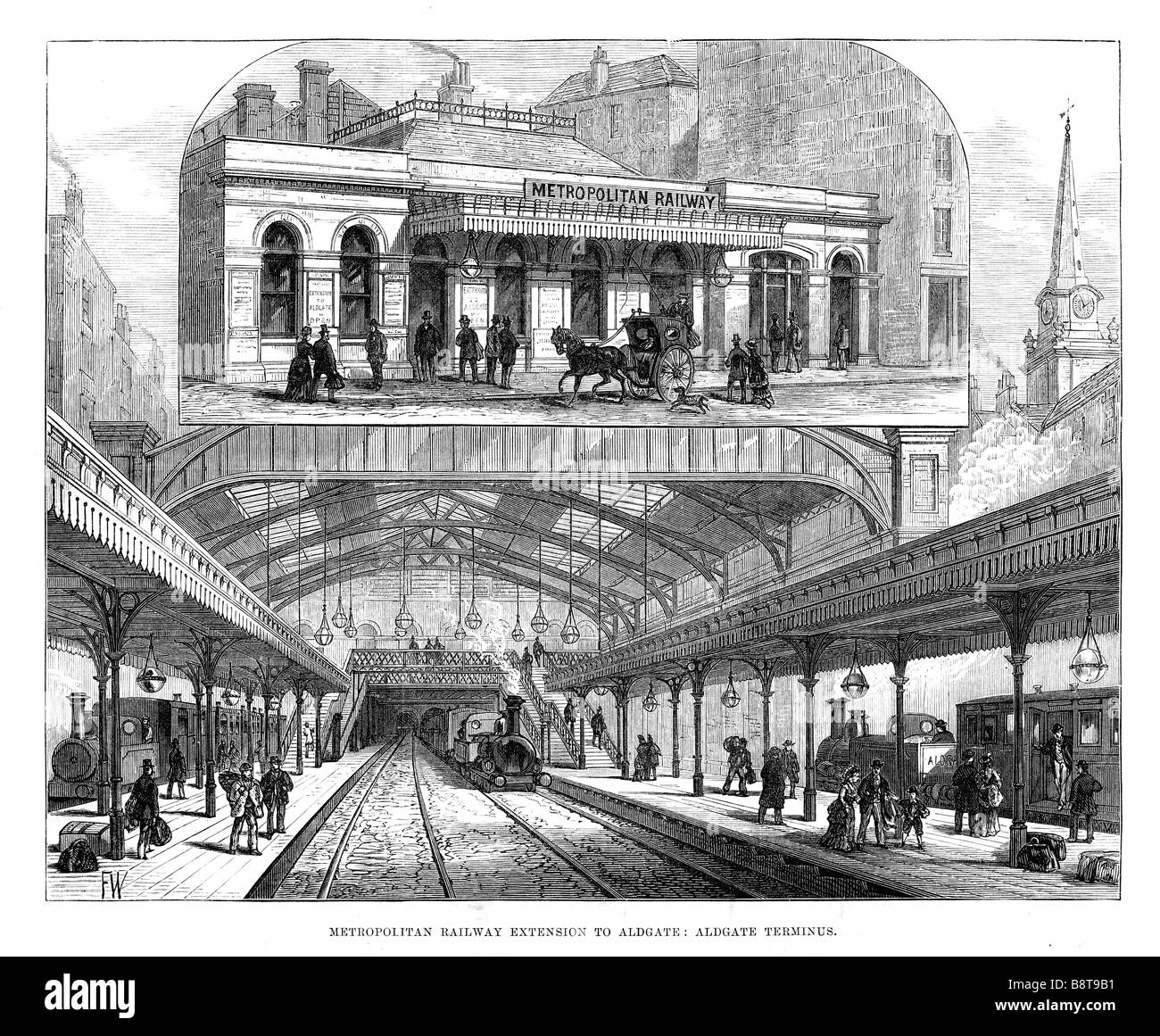 Aldgate Metropolitan Underground Railway 1876 engraving of the terminus of the extension to the worlds first tube Stock Photo