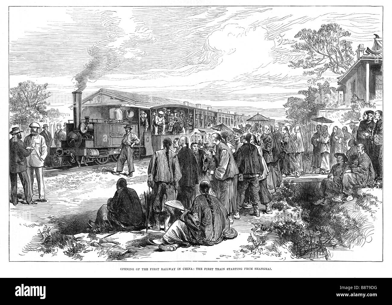 First Railway in China Shanghai 1876 engraving of the first train leaving Shanghai for Woosung on the 15 mile line Stock Photo