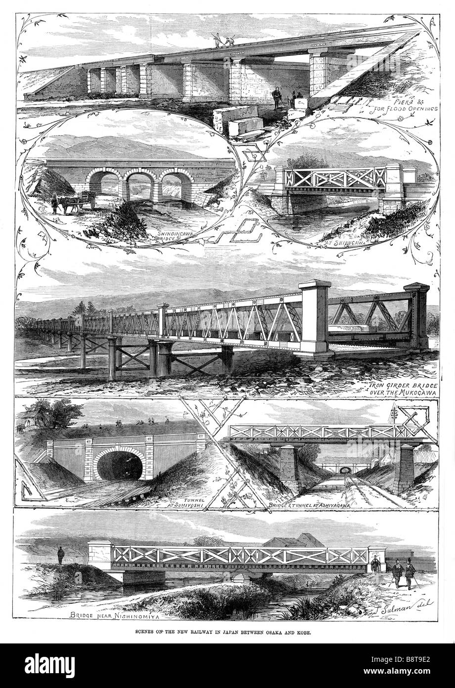 Osaka to Kobe Railway Japan 1876 engraving of scenes on the new Japanese railway line with some fine bridges Stock Photo