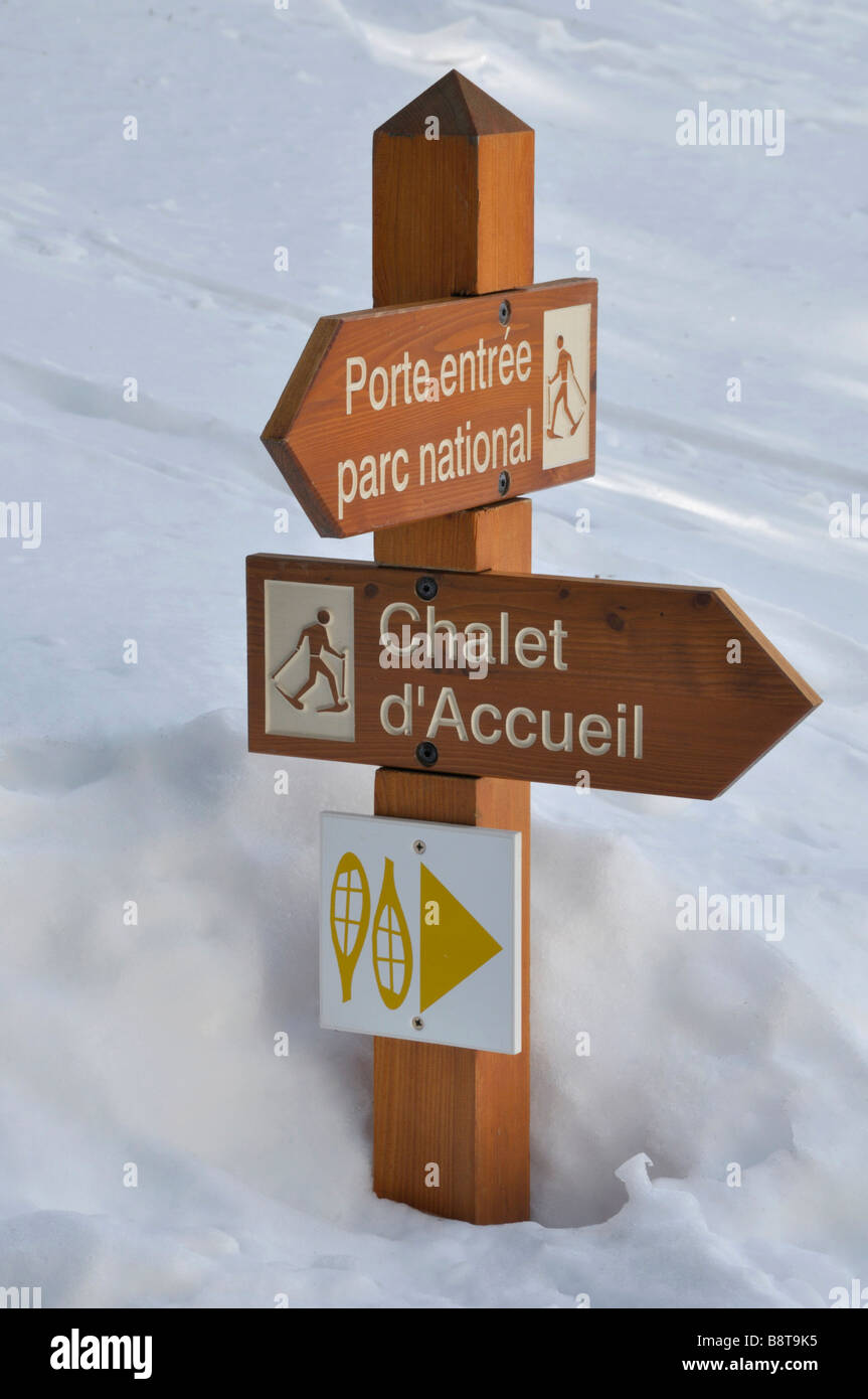Snowshoeing signposts Le Boreon Mercantour Alps France Stock Photo