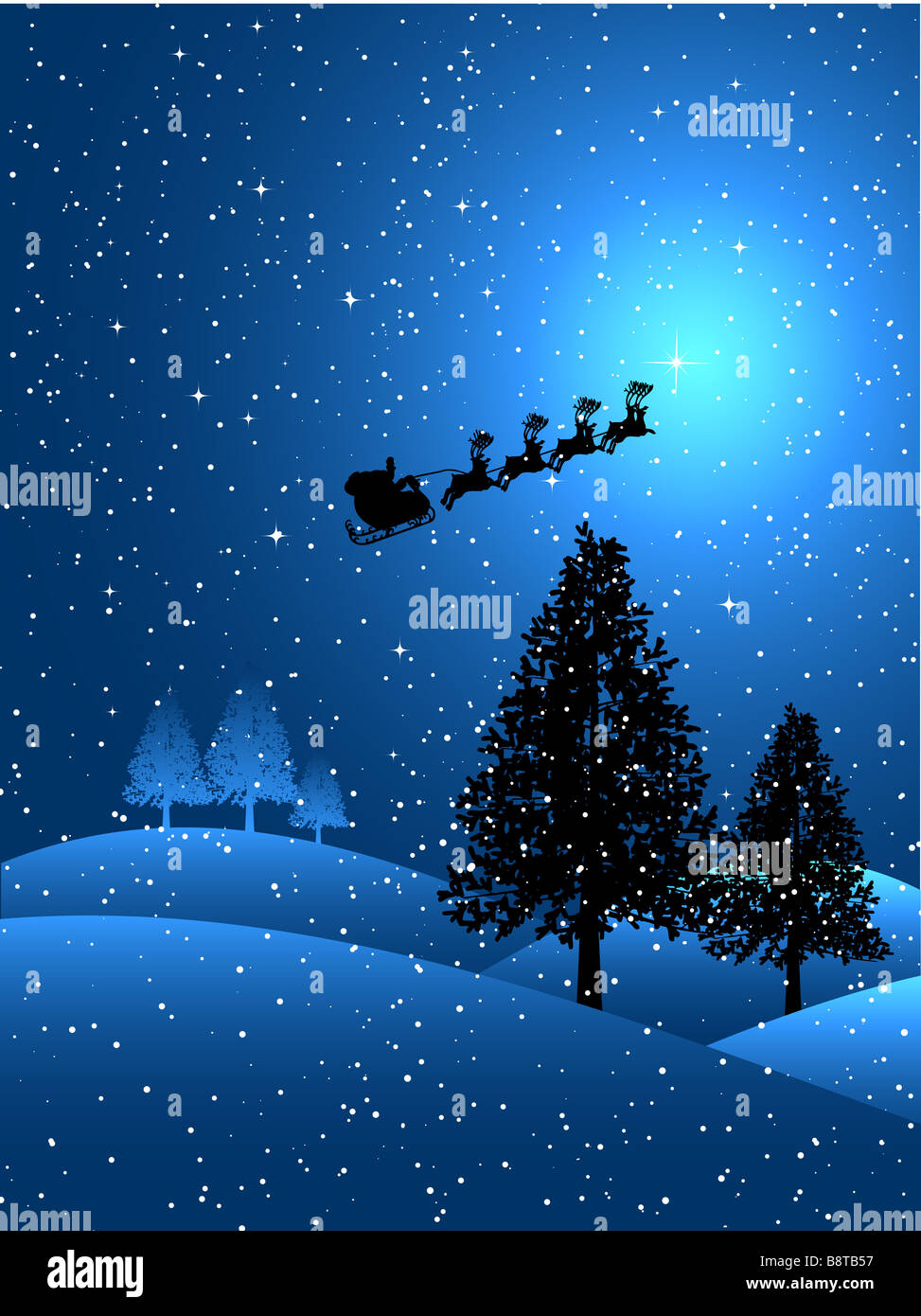 Silhouette of santa flying through the sky on a snowy night Stock Photo