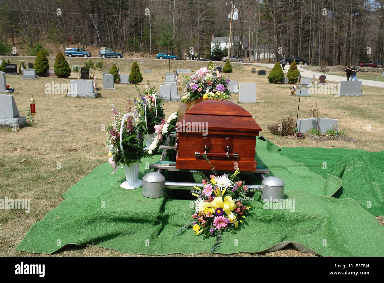 Wooden Casket and Flowers in a Cemetery Copy Space Stock Photo Alamy