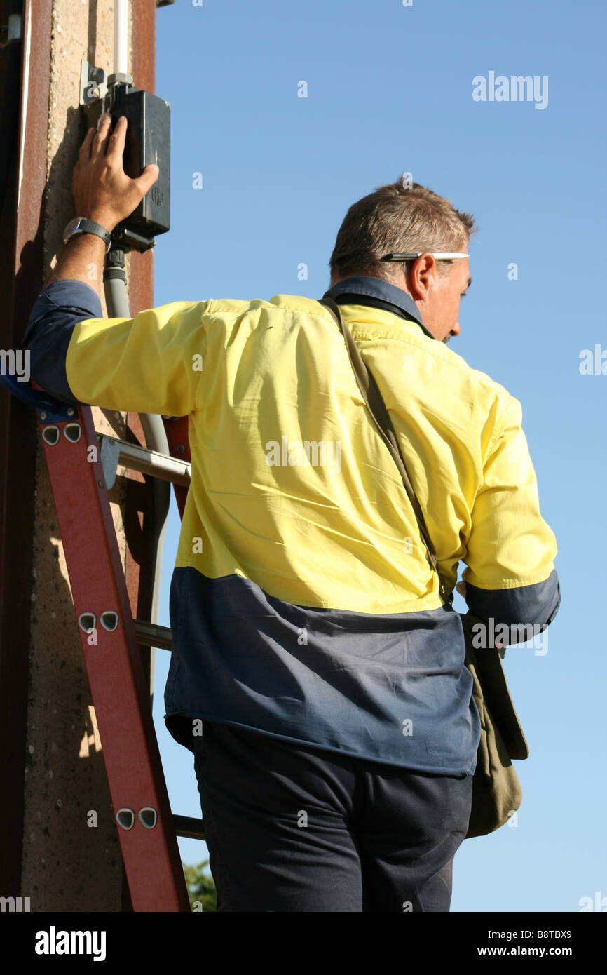 Man Electrical Equipment Workplace Outdoors Telephone Poles Electricity Pole Stock Photo