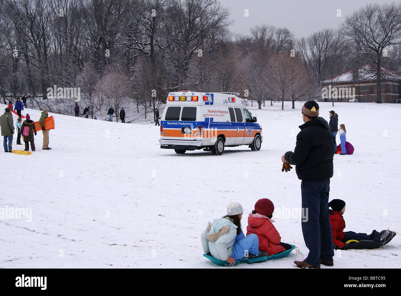 Ambulance rushes to an accident in Prospect Park, Brooklyn NY Stock