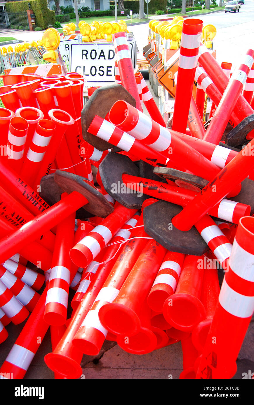 Traffic signs and cones, Beverly Hills, Los Angeles, California, United States of America Stock Photo