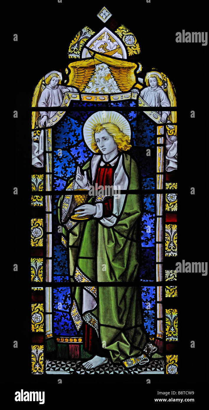 Saint John Evangelist window, (detail). Holy Trinity Church, Chapel Stile, Langdale. Lake District National Park, Cumbria. Stock Photo