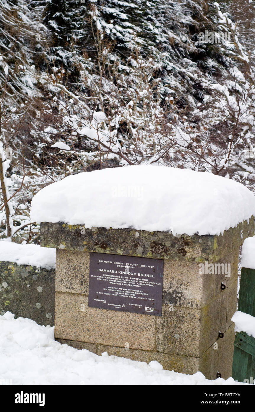 Memorial to Brunel, its designer, at the bridge over the River Dee to the gates of Balmoral Castle, at Crathie in Scotland. Stock Photo