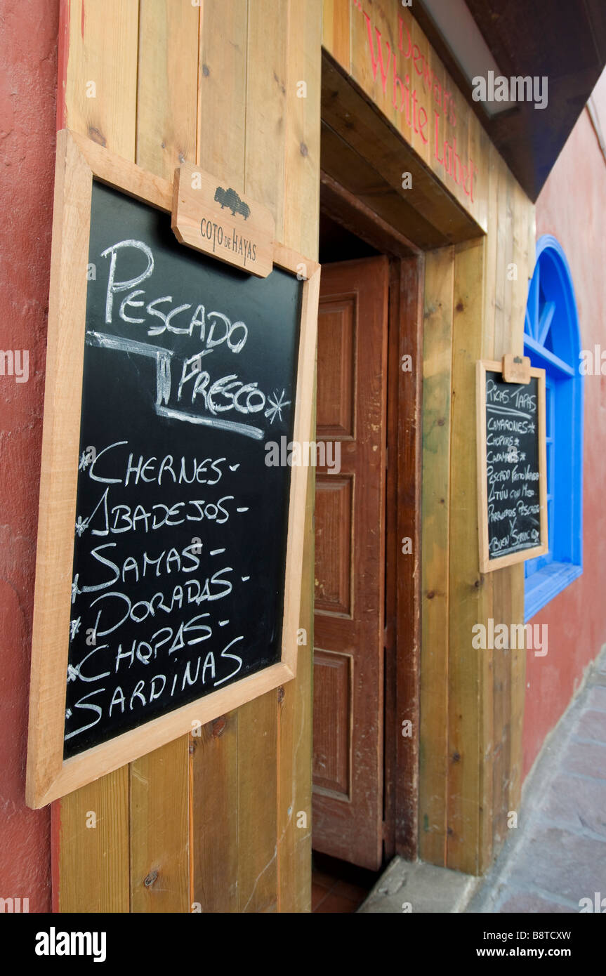 Tapas blackboard menu with local fish specialities  Pescado Fresco outside Canary restauarant in Tenerife Canary Islands Spain Stock Photo