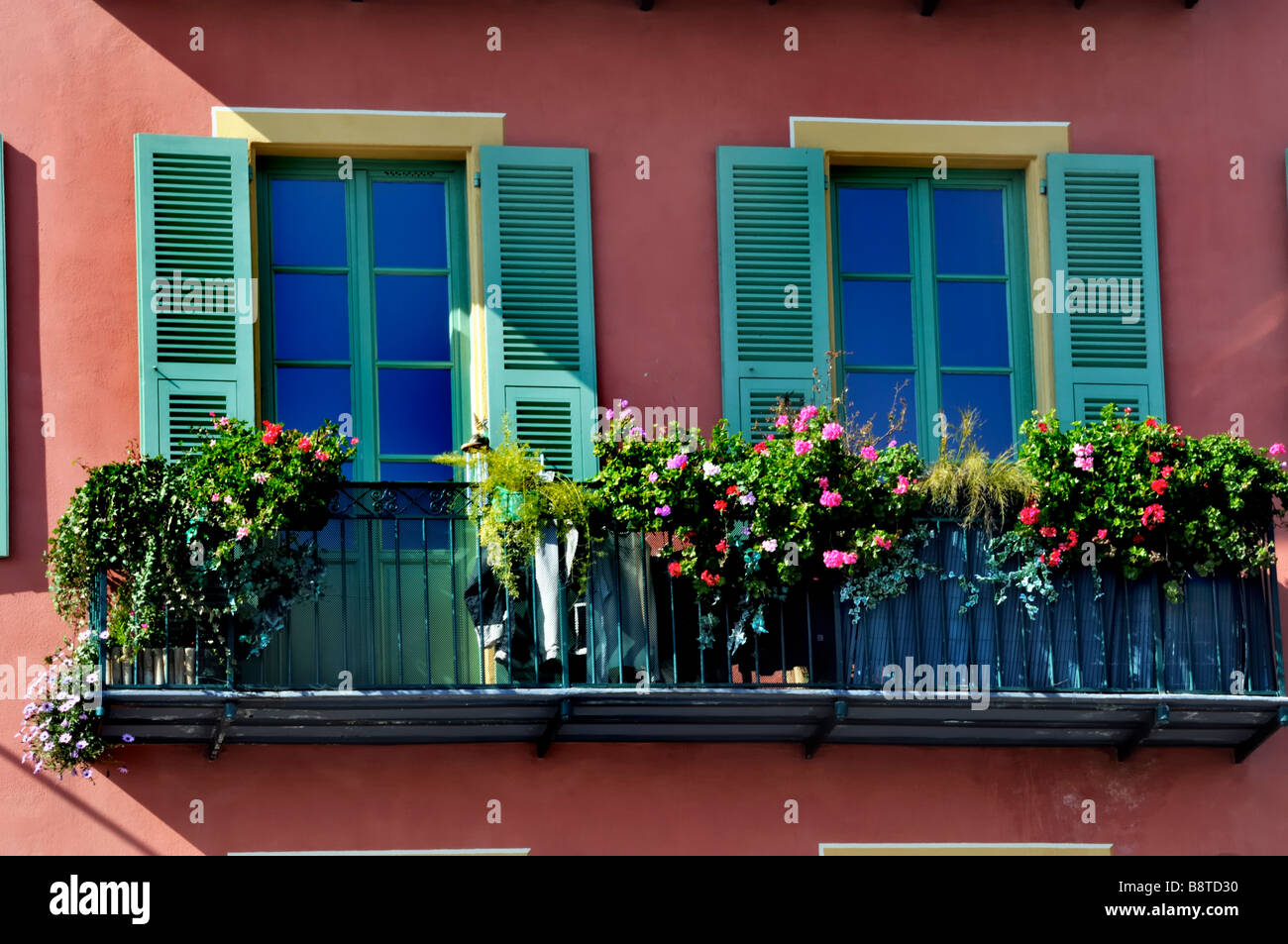 Nice, France, Architectural Detail, Large French Windows on Balcony Garden, Outside Private Apartment, in Port Area, house plants Stock Photo