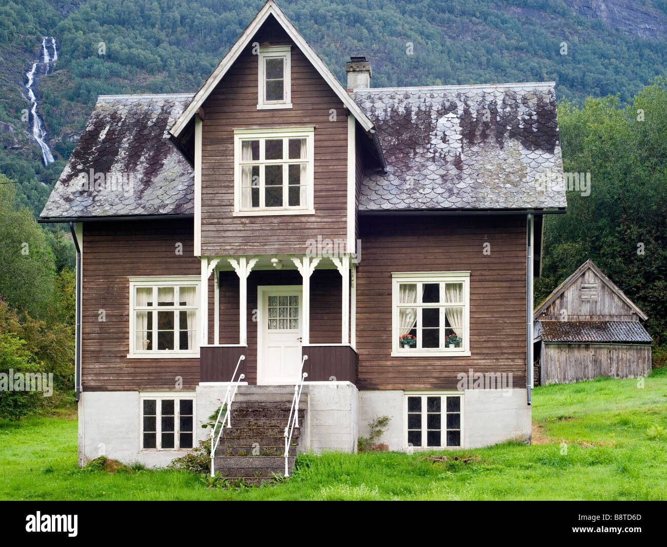 Wooden Norwegian private residential house near Olden, Norway Stock