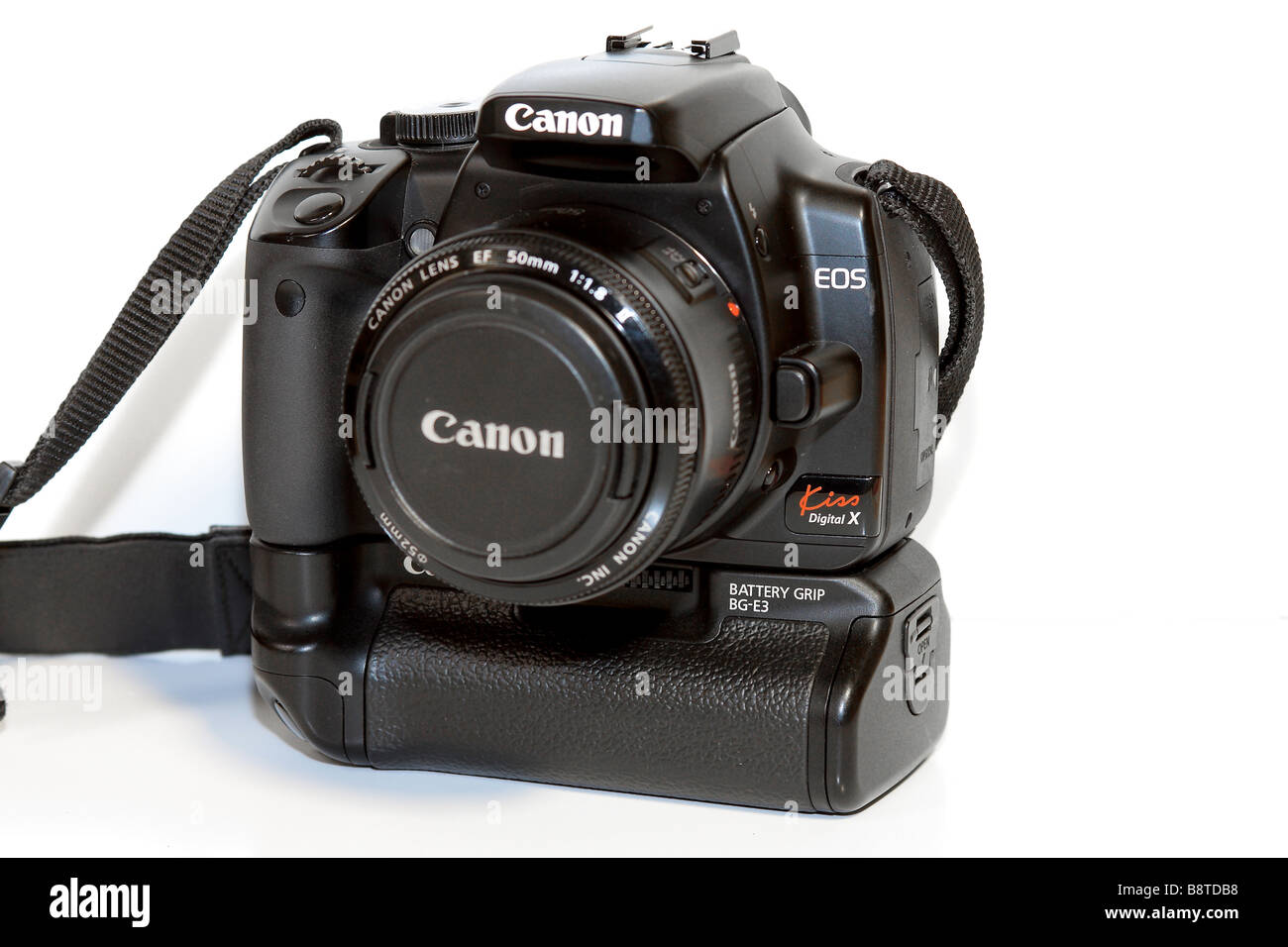 Canon Camera Kiss X, BG-E3 Battery grip, 50mm lens 'Front View' Stock Photo