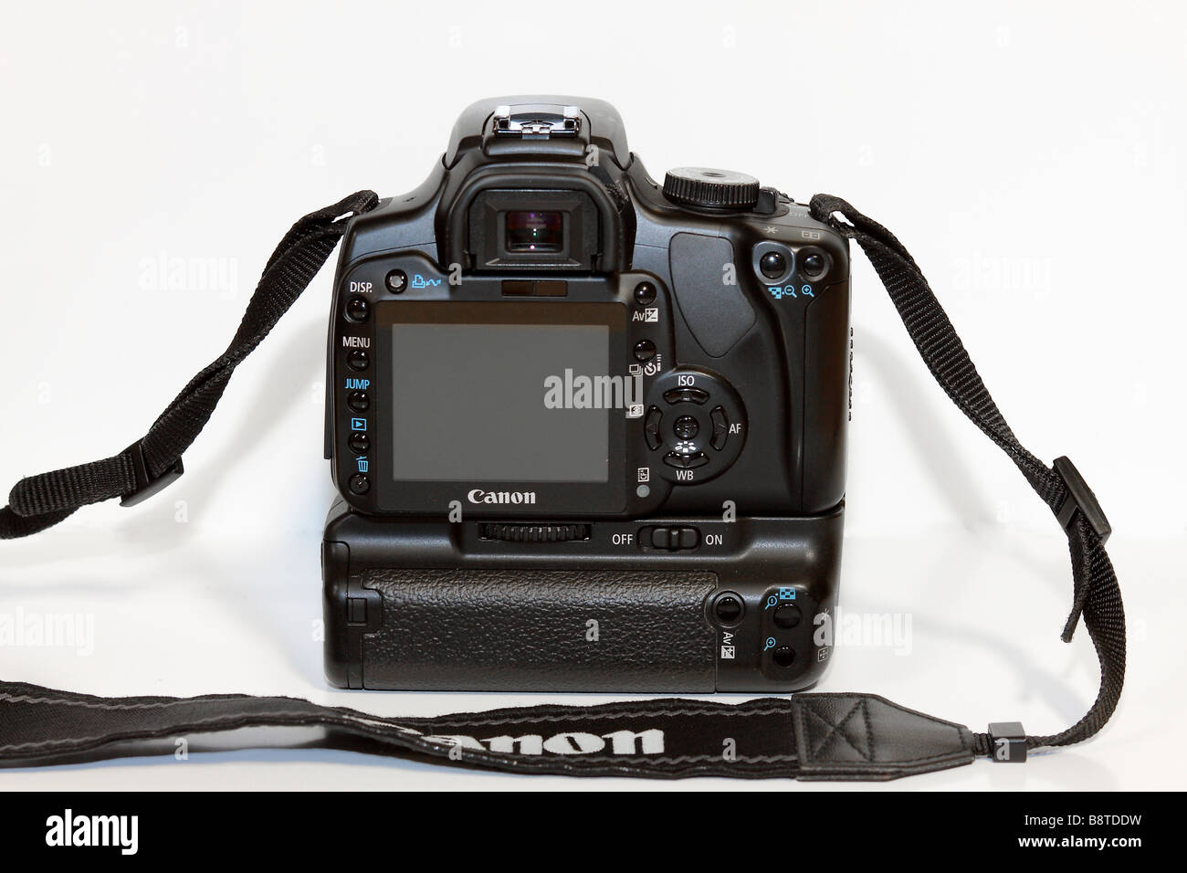 Canon Camera Kiss X, BG-E3 Battery grip, 50mm lens 'Side View' Stock Photo