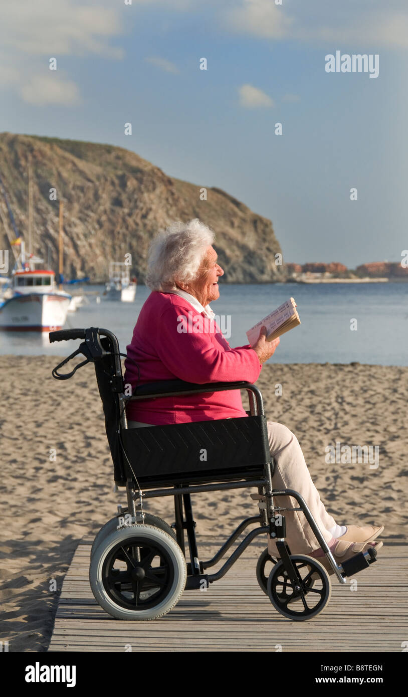 Contented senior elderly disabled lady sitting in her wheelchair