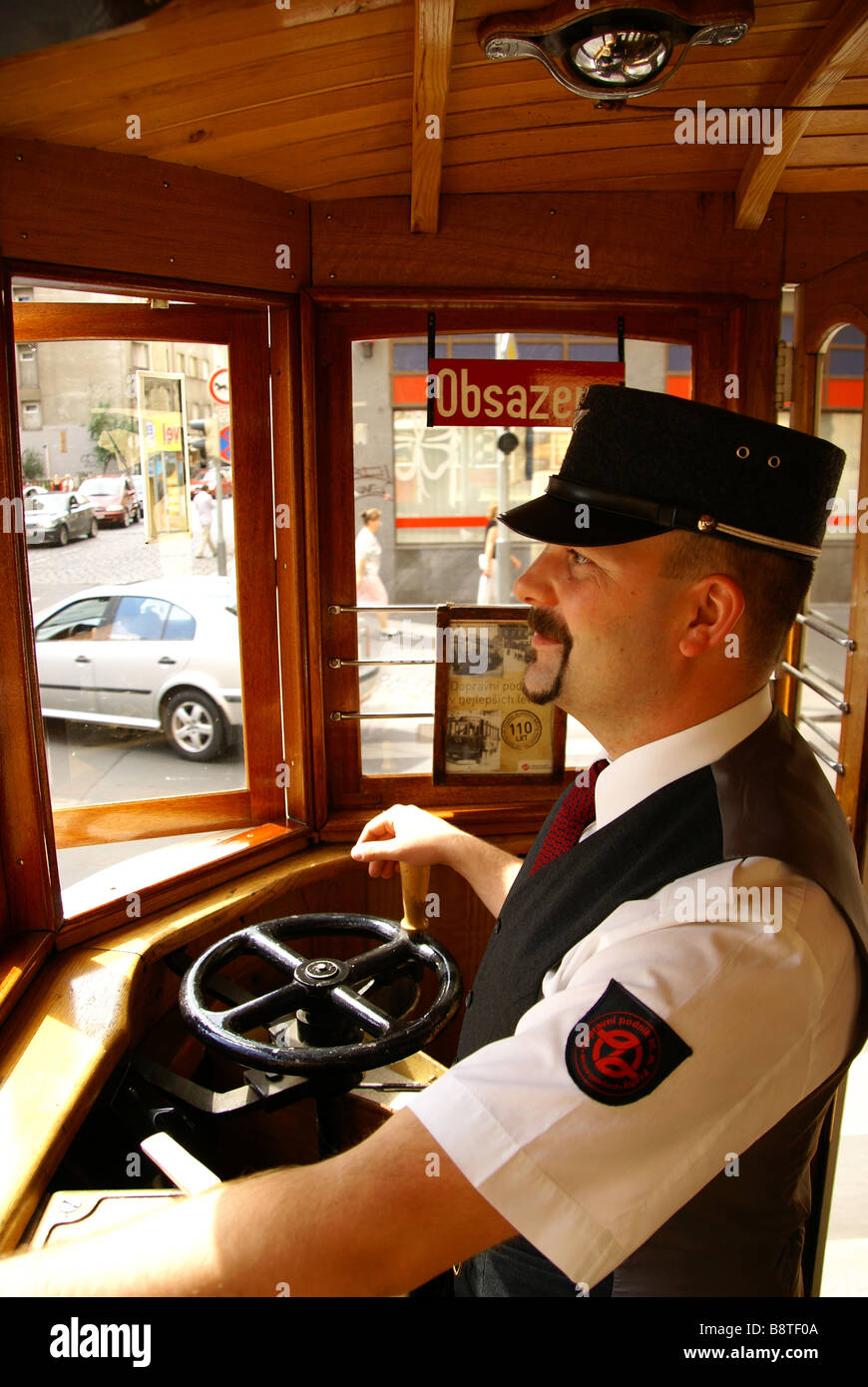 Driver of historical sightseeing tram ride in Prague, Czech republic Stock Photo