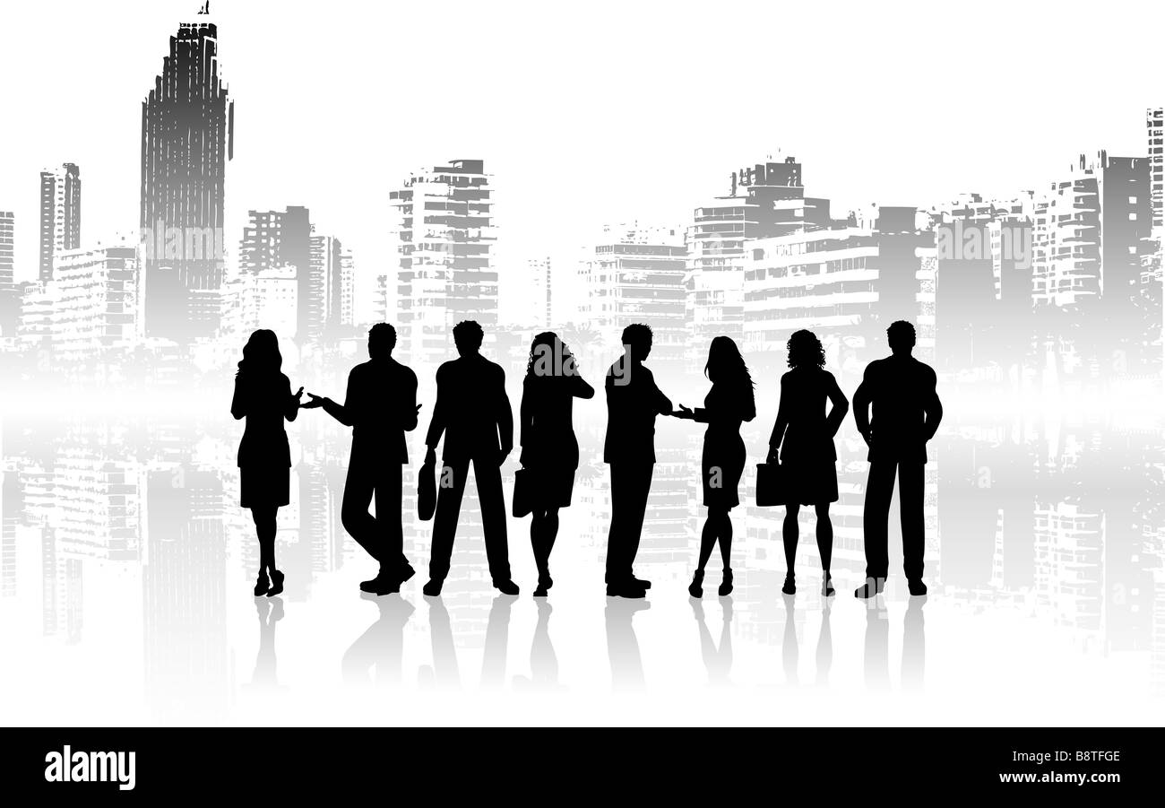 Silhouettes of business people against grunge city background Stock Photo