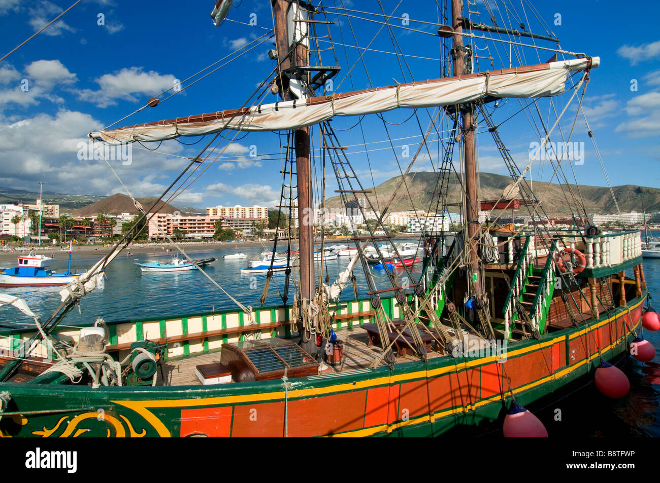 The 'Jolly Roger' pirate party tour boat in Los Cristianos harbour Tenerife Canary Islands Spain