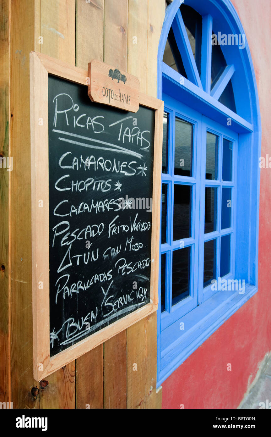 Typical tapas menu board outside Canary restaurant in Tenerife Canary Islands Spain Stock Photo