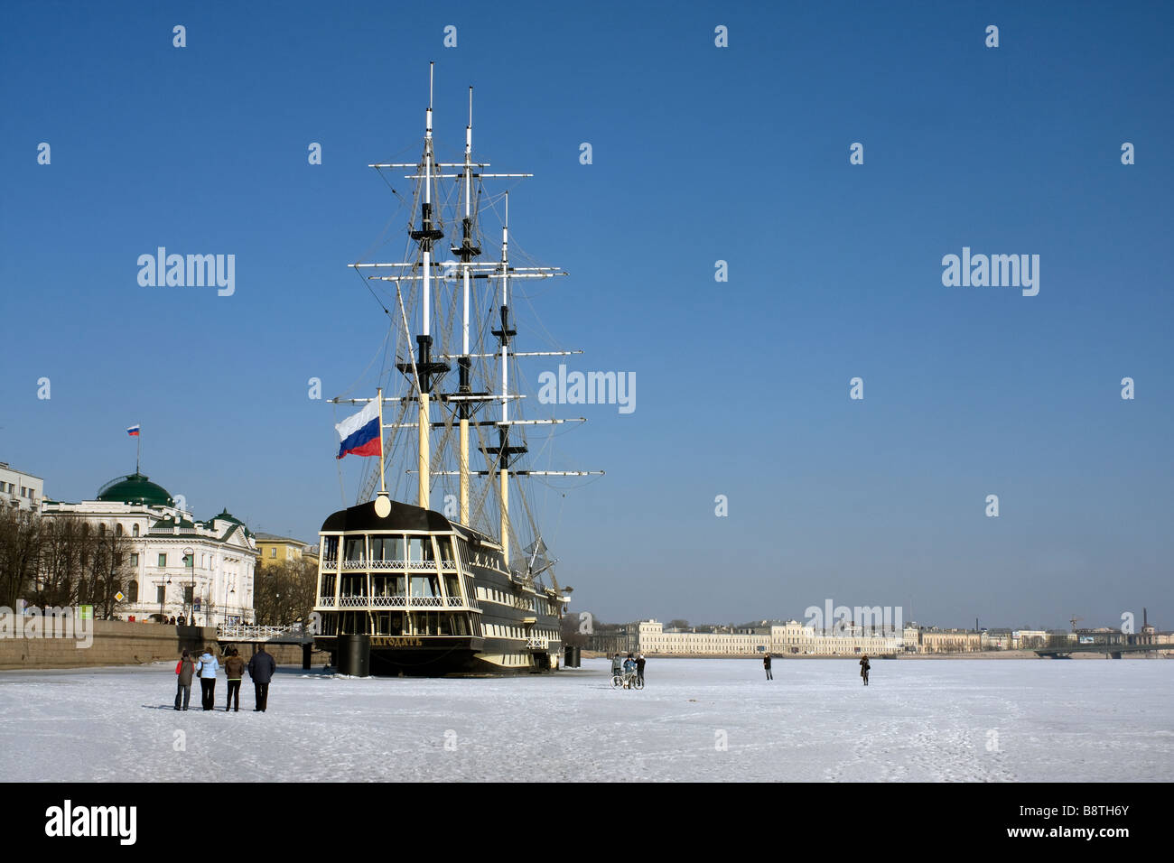 Old ship Blagodat currently restaurant at frozen Neva river St Petersburg Russia Stock Photo