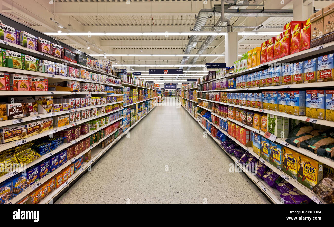 Breakfast cereals on display at a supermarket Stock Photo