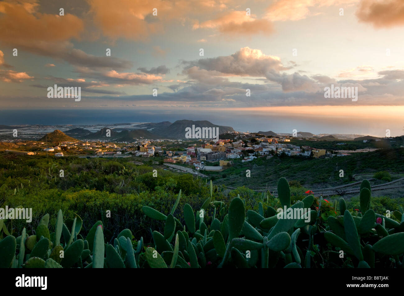 Sunset over the mountain village of Arona with typical cacti in foreground and resort of Los Cristianos behind, Tenerife Spain Stock Photo