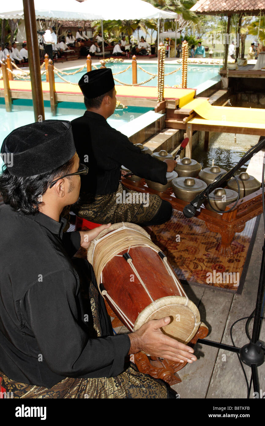 Playing traditional gamelan music during a wedding at Aryani resort in Terengganu, Malaysia