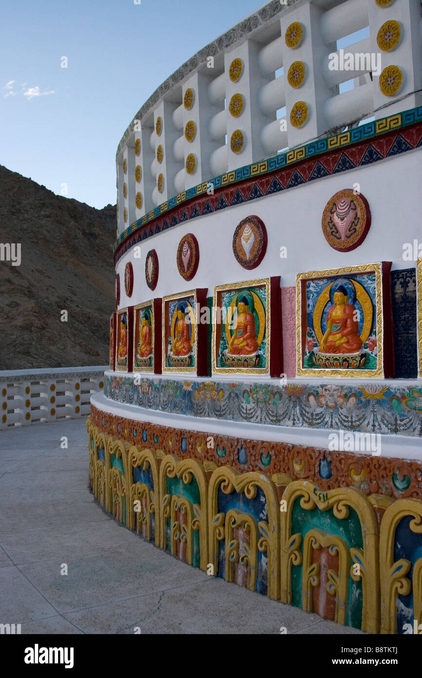 Shanti Stupa, Leh, Ladakh, India. This is the beautifully painted colourful wall at the base of the main stupa Stock Photo