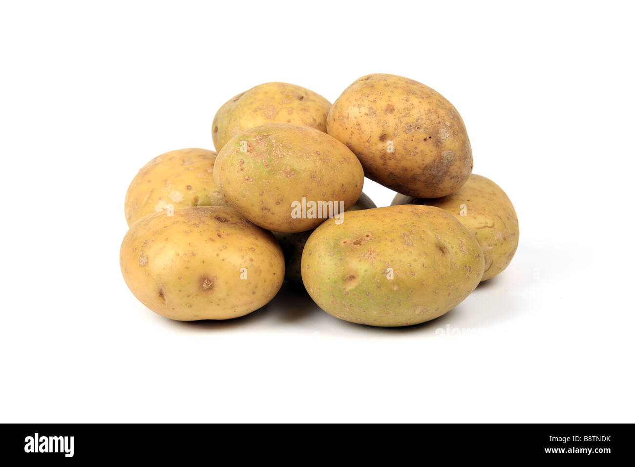White potatoes staple food of the western world against a white background Stock Photo