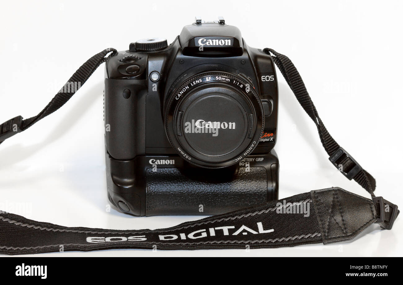 Canon Camera Kiss X, BG-E3 Battery grip, 50mm lens 'Front View' Stock Photo