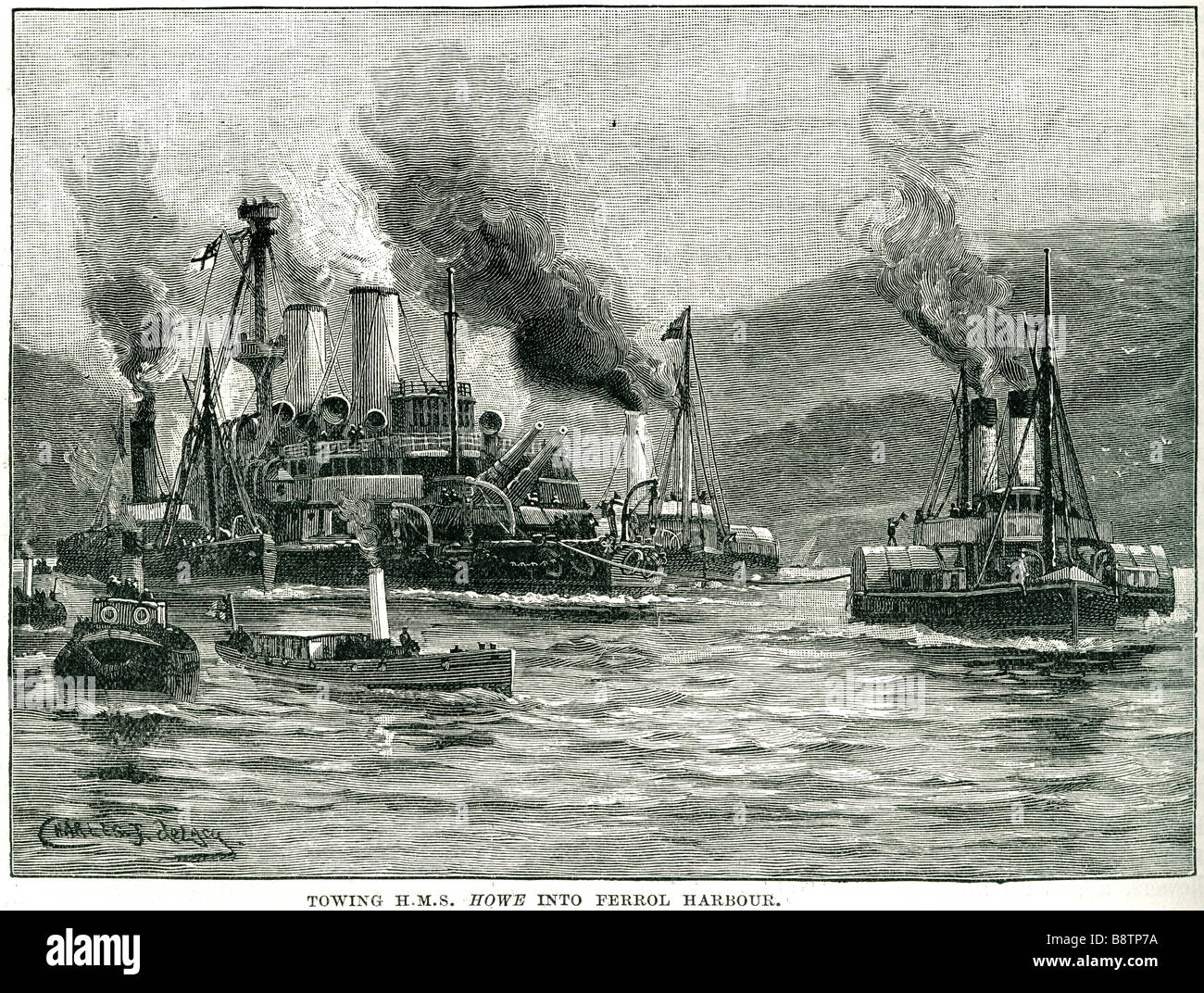 Towing H M S Howe ferrol Harbour 1893 Victorian battleship Royal Navy  Admiral class Stock Photo - Alamy