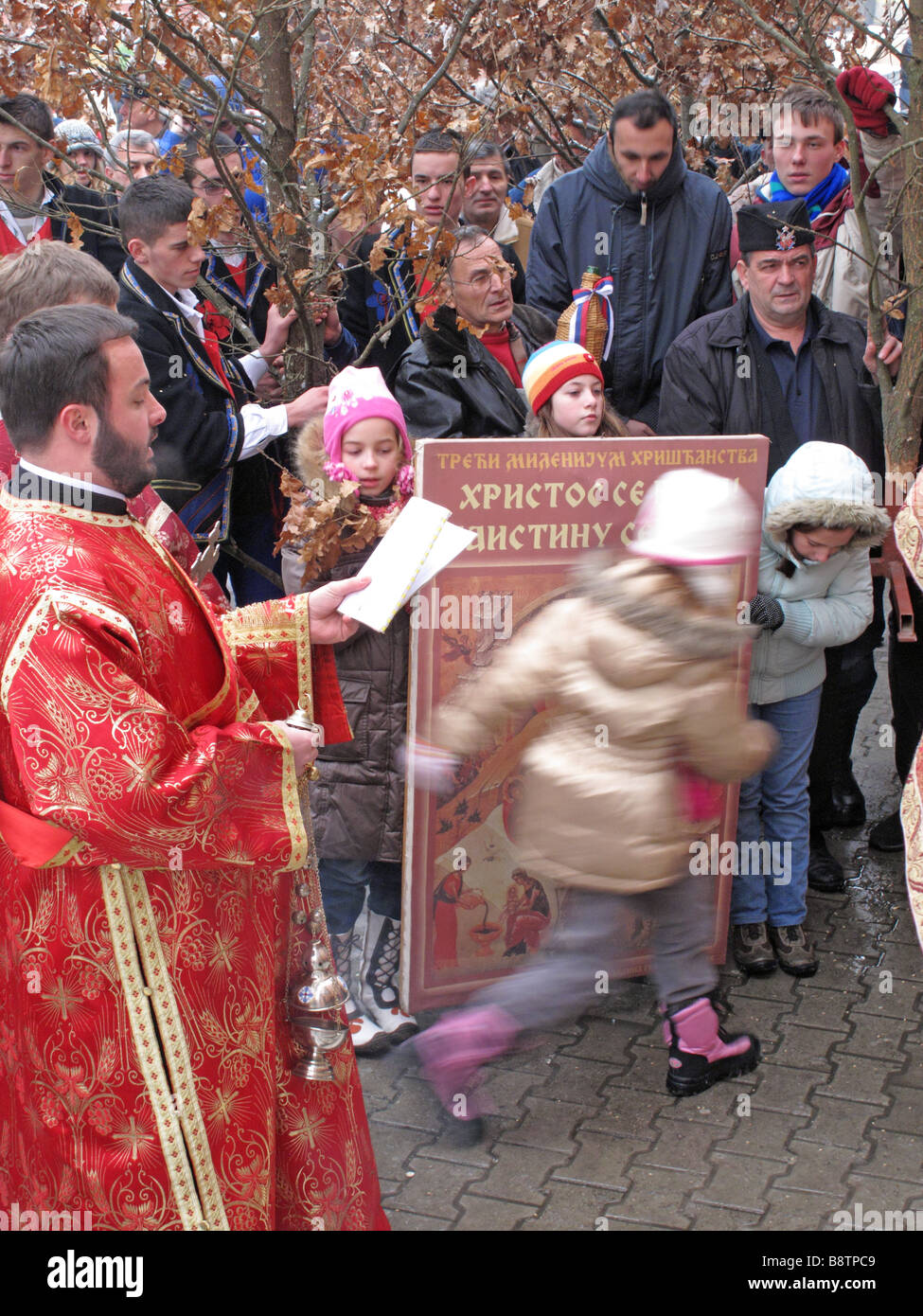 Orthodox Christmas Eve Blessing of "Badnjak" Christmas Tree Stock Photo