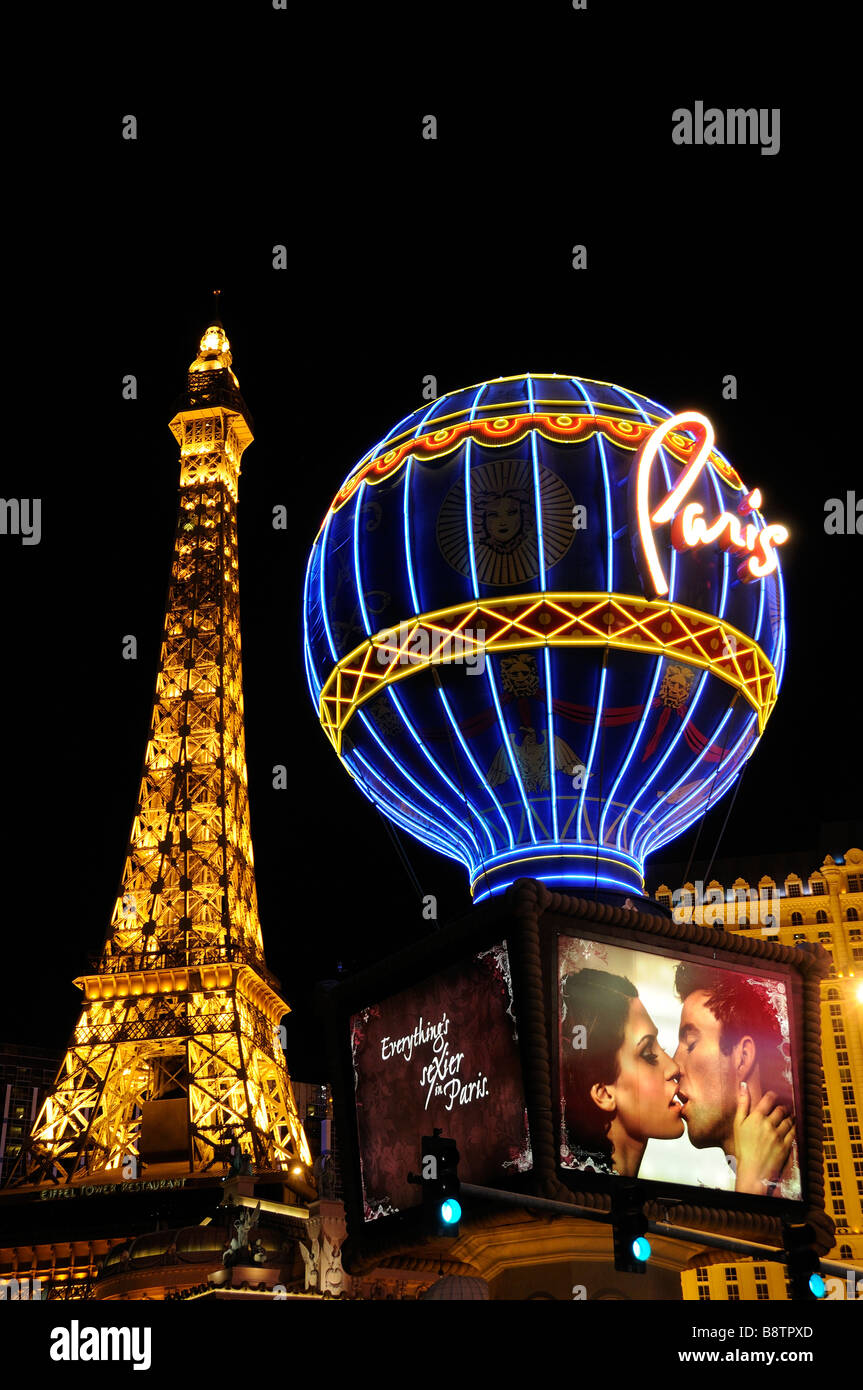 Night Shot of Eiffel Tower and Montgolfier Balloon at Paris Hotel Las Vegas Stock Photo