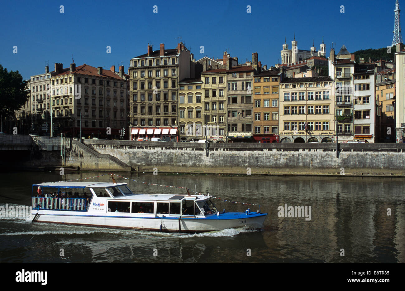 River Cruise on Saone, Old Lyon or Lyons along Banks, Quay or Embankment of the Saone, with River Boat Cruiser, Lyon, France Stock Photo